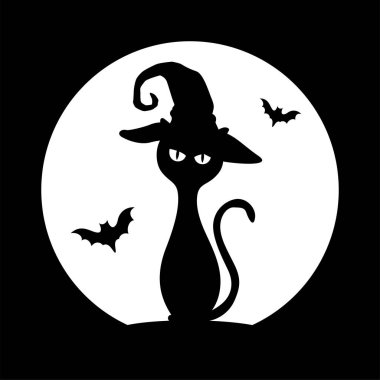 Dolunayın altında şapkalı siyah bir kedinin silüeti..