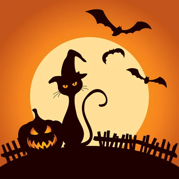 Zucca e gatto spettrale nel cappello sullo sfondo della luna. Biglietto di auguri di Halloween. — Vettoriale Stock
