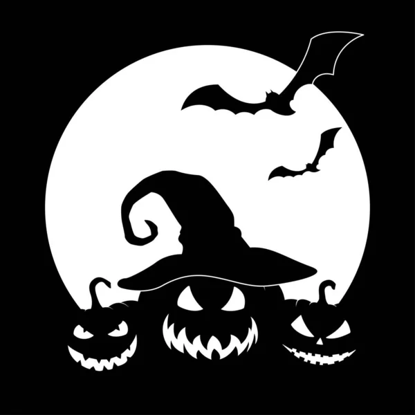 Silhouette von Kürbis im Hut und Fledermäuse über Vollmond. Schwarzer Hintergrund zu Halloween. — Stockvektor