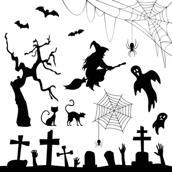 Fekete sziluettek gyűjtése Halloweenkor. — Stock Vector
