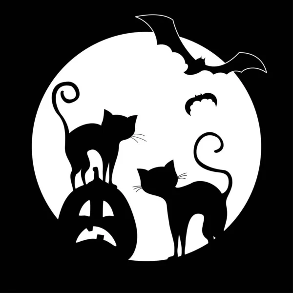 Zwei gruselige Katzen und ein Kürbis auf dem Hintergrund des Mondes. Halloween-Aufkleber. — Stockvektor
