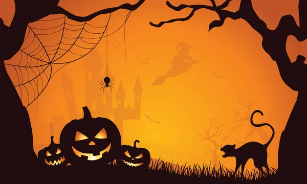 Modello di biglietto di auguri di Halloween. Jack o lanterna, gatto spettrale e alberi. — Vettoriale Stock