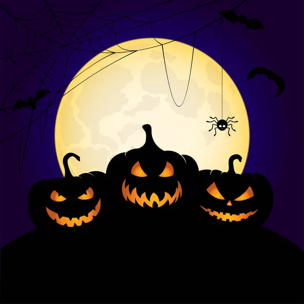 Három tök a telihold hátterében. Halloween üdvözlőkártya Jack-o-lámpásokkal. — Stock Vector