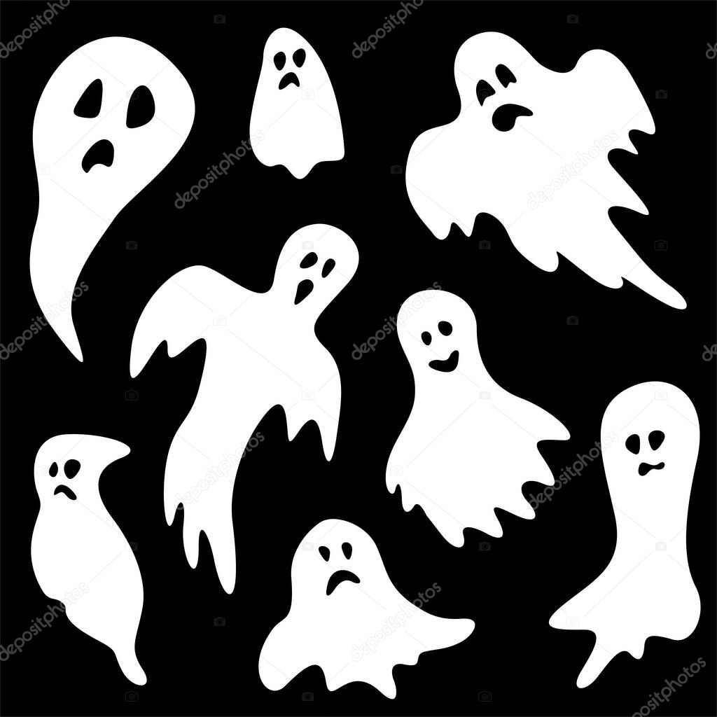 Set of simple flat ghosts. Spooky monsters for Halloween.