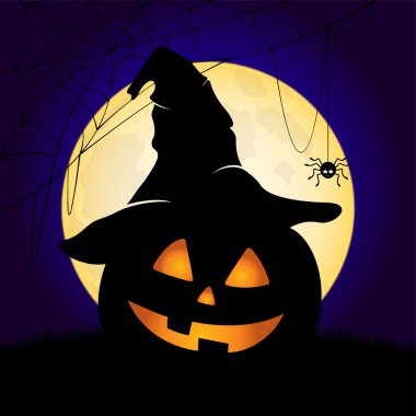 Cadılar Bayramı kartı ve dolunayda şapkalı balkabağı..