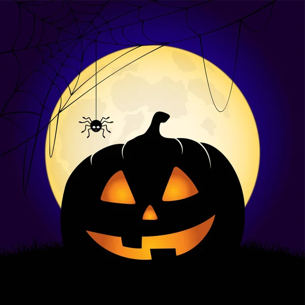 Jack-o-lanterne e ragno con la luna piena. Halloween sfondo quadrato. — Vettoriale Stock