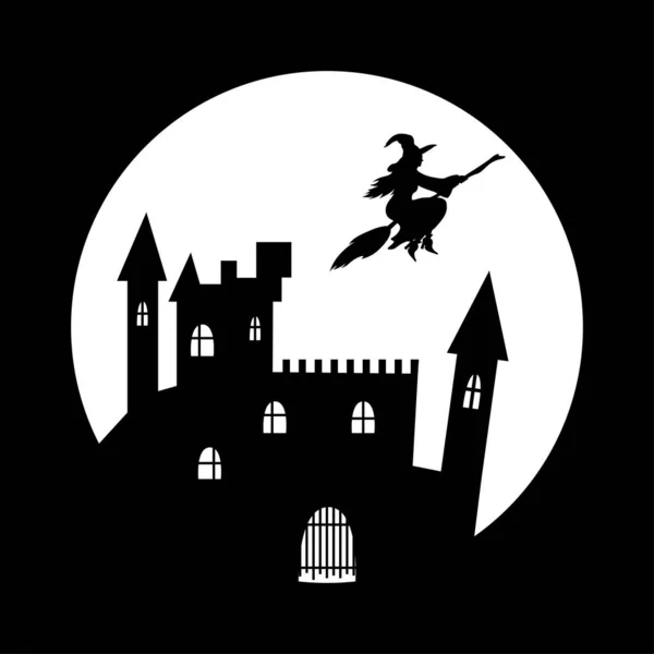 Silhouette einer Hexe auf Besen und Burg vor dem Hintergrund eines Vollmondes. — Stockvektor