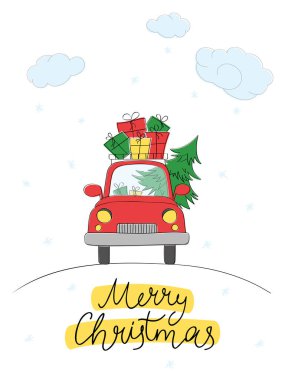 Küçük kırmızı araba hediyeler ve bir Noel ağacı taşıyor..