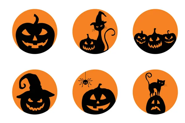 Vektor-Sticker zu Halloween. Handgezeichnete Anhänger mit Kürbis in Hut und Katze. Dekoration für die Halloween-Party. — Stockvektor