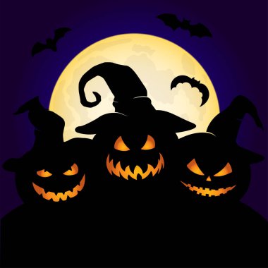 Dolunay altında şapkalı üç balkabağı. Cadılar Bayramı tebrik kartı.