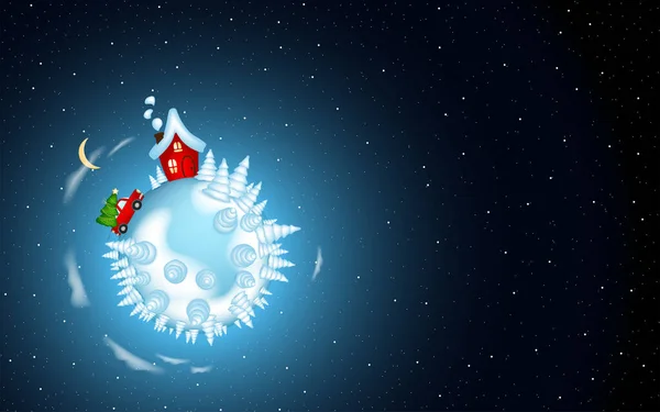 Fondo navideño con casita roja en un planeta invernal en el espacio. — Archivo Imágenes Vectoriales