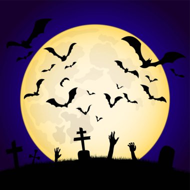 Cadılar Bayramı gecesinde dolunayın arka planında yarasa sürüsü.