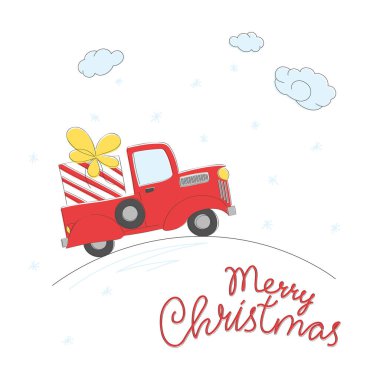 Noel hediyeli küçük kırmızı bir araba. Karalama tebrik kartı.