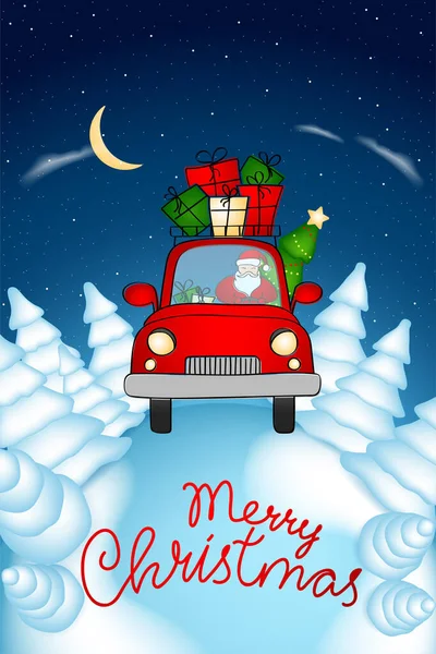 Mikołaj w małym czerwonym samochodzie niesie prezenty i choinkę przez śnieżny las. Boże Narodzenie dostawy. — Wektor stockowy