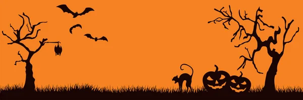 Silhuetas de Halloween. Gato assustador e duas abóboras perto de árvores tortas e morcegos. — Vetor de Stock