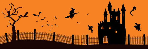 Halloween background silhouettes. Witch on a broomstick flies through bats and ghosts to the old castle. — Stock Vector