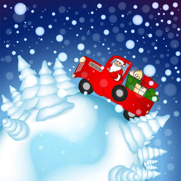 Santa lleva regalos en la noche de Navidad nevada. Entrega de Navidad. — Vector de stock