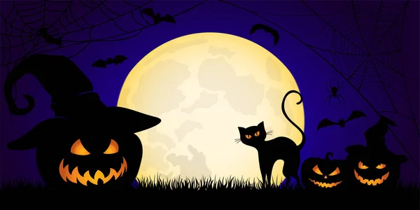 Zucche e gatto dagli occhi luccicanti. Biglietto di auguri di Halloween con Jack-o-lanterne. — Vettoriale Stock