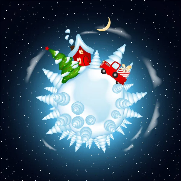 Tarjeta de Navidad con casita roja y coche con árbol de Navidad. Noche de Navidad. — Vector de stock