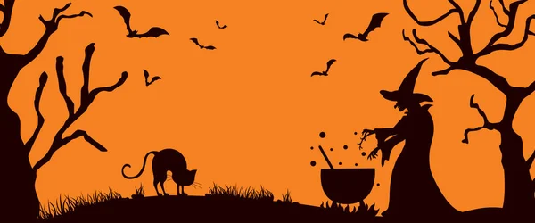 Silhouettes d'Halloween. Vieille sorcière cuisine une potion dans un chaudron. — Image vectorielle