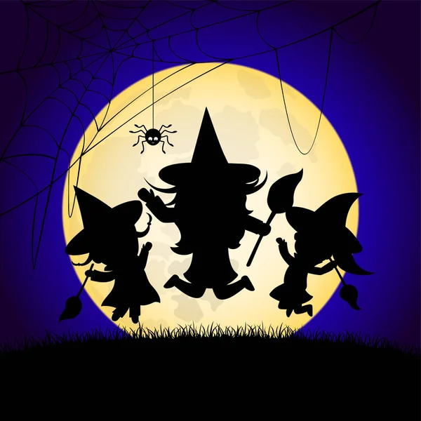 Trois Petites Filles Costume Sorcière Sautant Dessus Pleine Lune Halloween — Image vectorielle