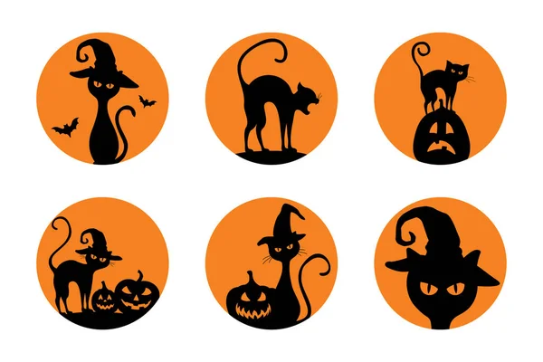 Συλλογή αυτοκόλλητων Halloween. Απλές ετικέτες με κολοκύθα και γάτες. Διακόσμηση για αποκριάτικο πάρτι. — Διανυσματικό Αρχείο