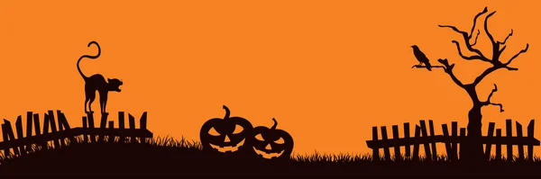 Een griezelige kat aan het hek en twee pompoenen in de buurt van een kromme boom. Halloweensilhouetten. — Stockvector