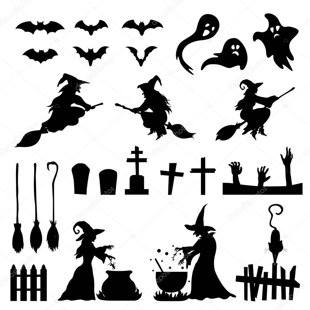 Collection of simple silhouettes. Halloween elements.