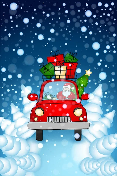 Santa está conduciendo un coche rojo con regalos y un árbol de Navidad durante una nevada. Entrega de Navidad. Tarjeta de felicitación vertical. — Vector de stock