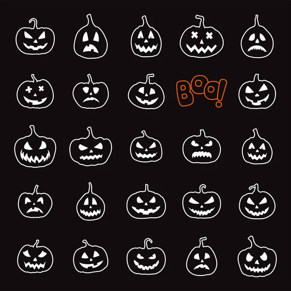 Set mit kürbissilhouette mit lächeln auf schwarz. Nahtloses Muster zu Halloween. — Stockvektor