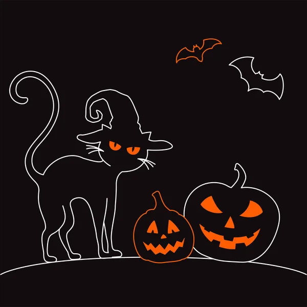 Black Happy biglietto di auguri di Halloween con gatto in cappello da strega e due zucche spettrali. — Vettoriale Stock