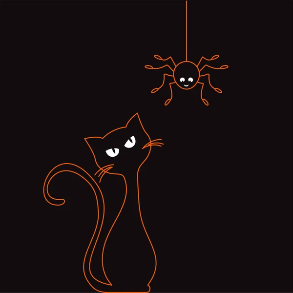 Il gatto arancione al neon e il ragno appeso si guardano su sfondo nero. Biglietto di auguri di Halloween semplice. — Vettoriale Stock