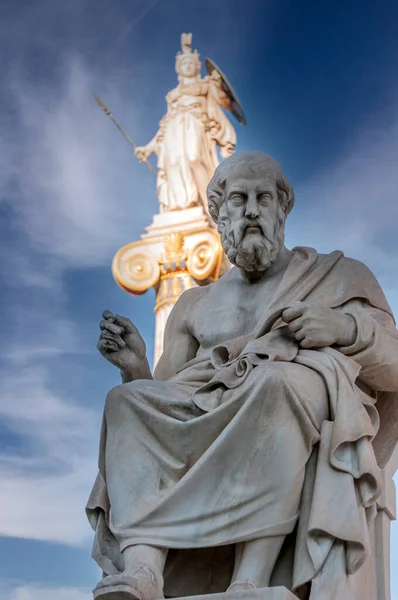 Classic Statues Greek Philosopher Plato Athena Goddess Blue Sky Clouds — Stock Photo, Image