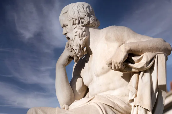 Classic Statue Greek Philosopher Socrates Close Blue Sky Clouds — Stock Fotó