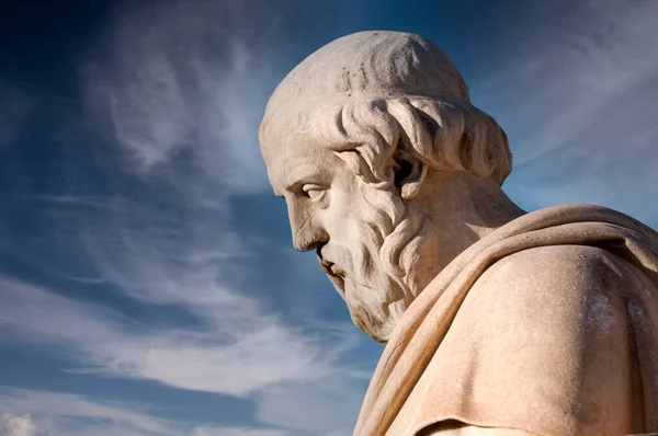 Classic Statue Greek Philosopher Plato Close Blue Sky Clouds Royaltyfrie stock-billeder