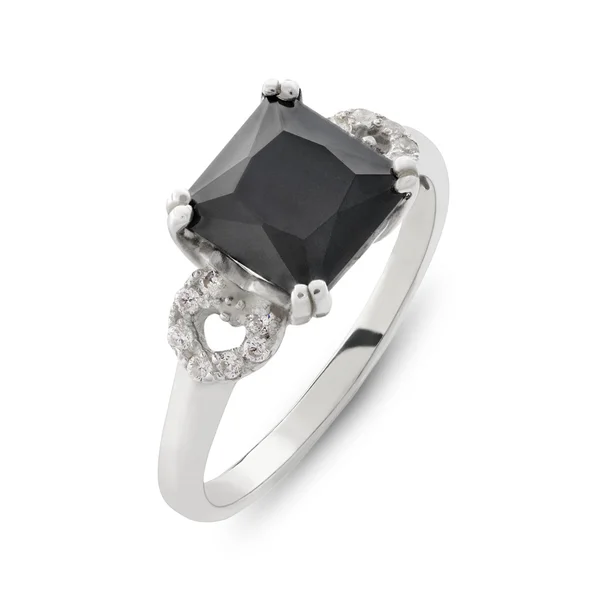 Primer plano en la gema negra y el anillo de diamantes — Foto de Stock