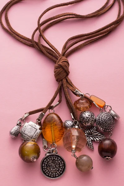 Necklace Made with Brown Leather and Silver Charms