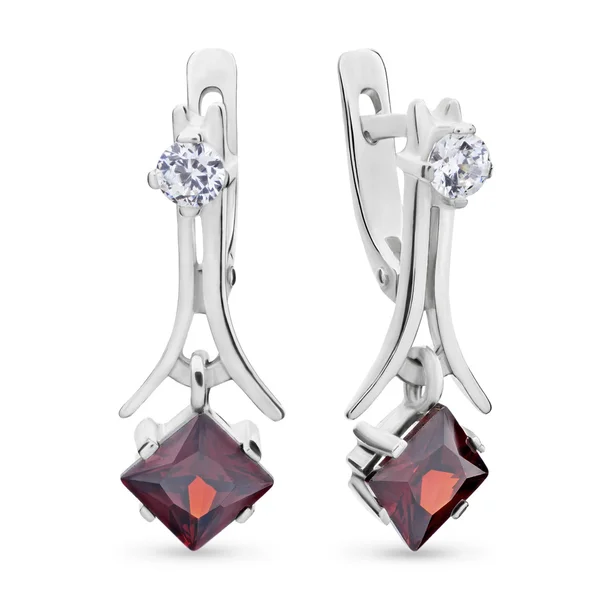 Close-up on red ruby and diamond earrings — Stock Photo, Image