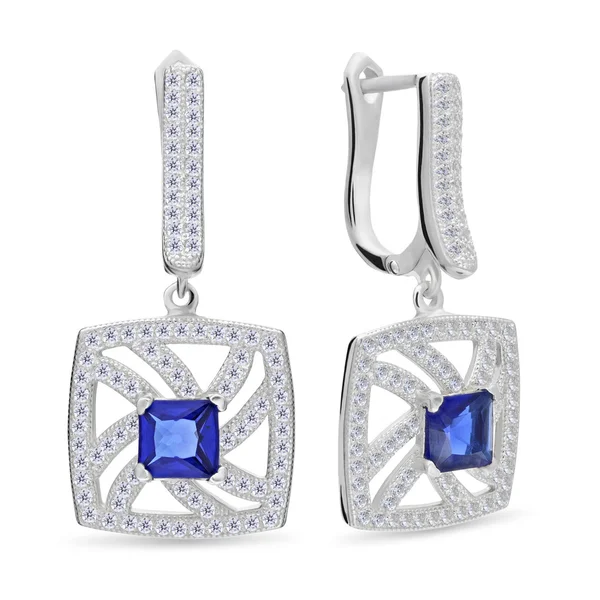Silver earrings with square gemstone face earrings — Stock Photo, Image