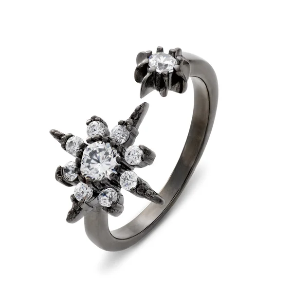 Jediný původní tmavě stříbrný prsten s diamanty — Stock fotografie
