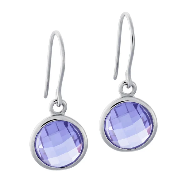 A pair of silver earrings with a gemstone in the form of a circle — Stock Photo, Image