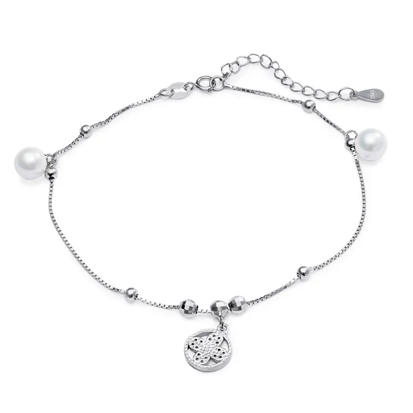 Elegancka bransoletka srebrna z perłami na białym tle — Zdjęcie stockowe