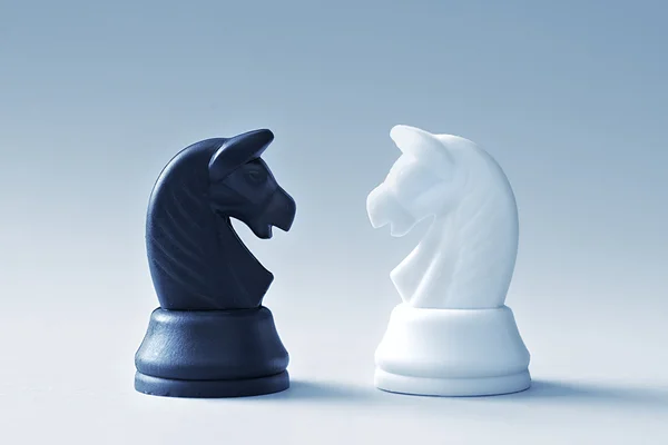 明るい青の背景にチェス騎士の 2 つ — ストック写真