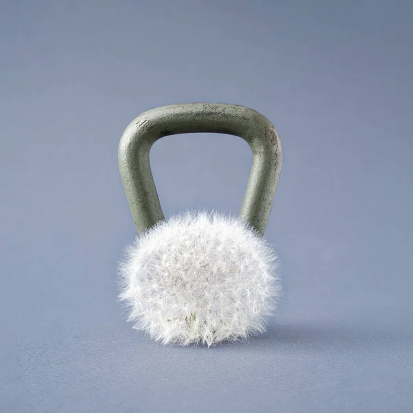 Sports Heavy Kettlebell Light White Dandelion Fun Metaphor Force Gravity — Stock Photo, Image