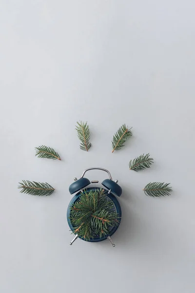 Modern Minimal Concept Alarm Clock Pine Branches Flat Lay Nature — Stock Photo, Image
