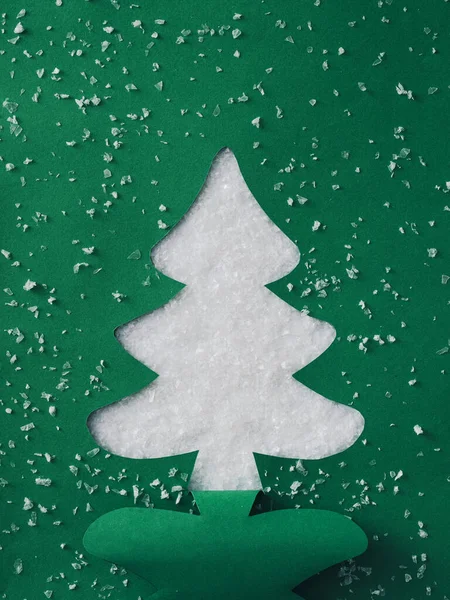 Green Card Cutout Silhouette Traditional Christmas Tree Winter Snow Creative — Stock Photo, Image
