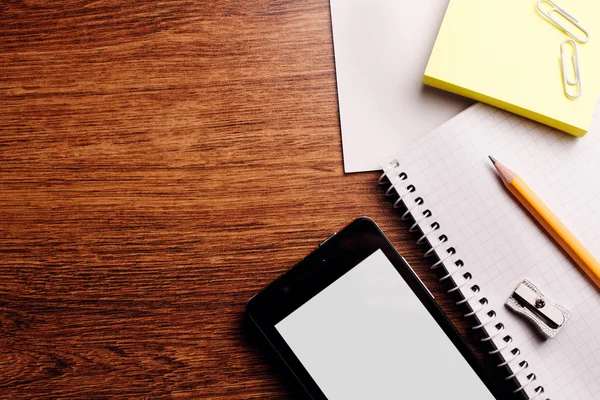 Office Supplies with Phone on Wooden Table Top — Stock Photo, Image