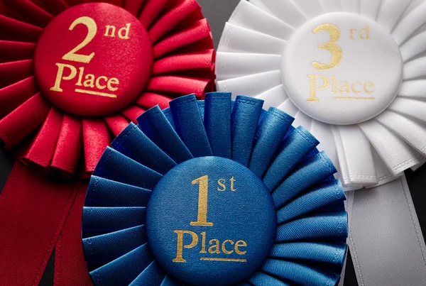 Three places pleated ribbon rosettes — Stock Photo, Image