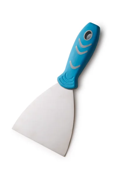 Spatule métallique avec une poignée bleue sur fond blanc — Photo