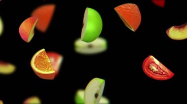 Siyah arka plan üzerine, sorunsuz döngü, Cg düşen meyve parçaları